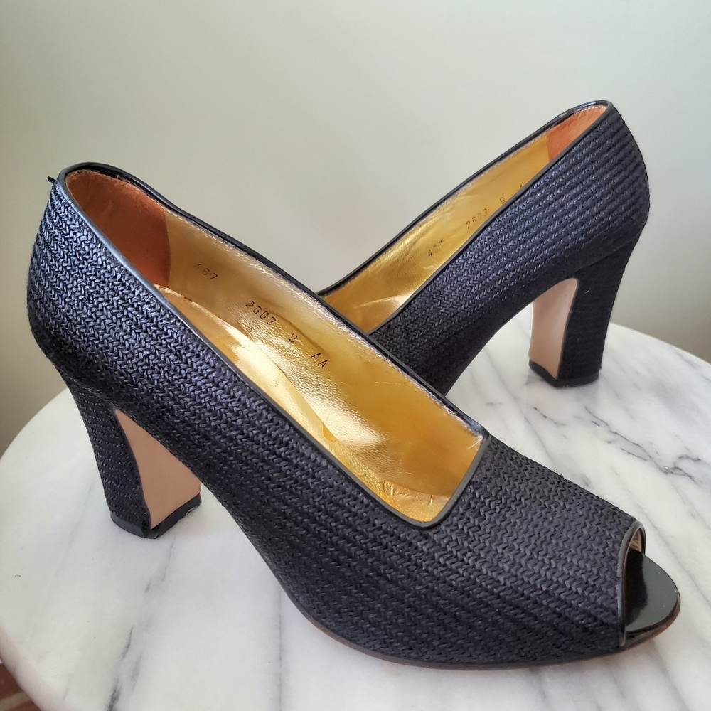 Vintage Hand Crafted Walter Steiger Black Woven Peep Toe Heels